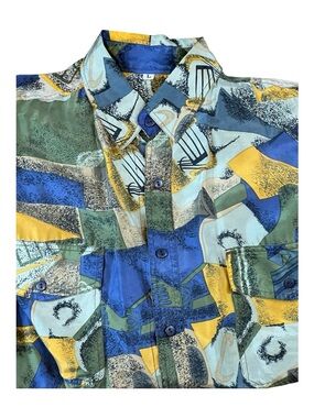 Vintage 90s Silk Abstract Geometric Button Up Shirt Men’s Large Blue Green Print